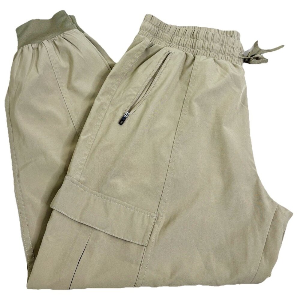 Live Your Greatness Large Poly/Span Tan Jogger No Wrinkle Pants Cargo 26.5"  EUC